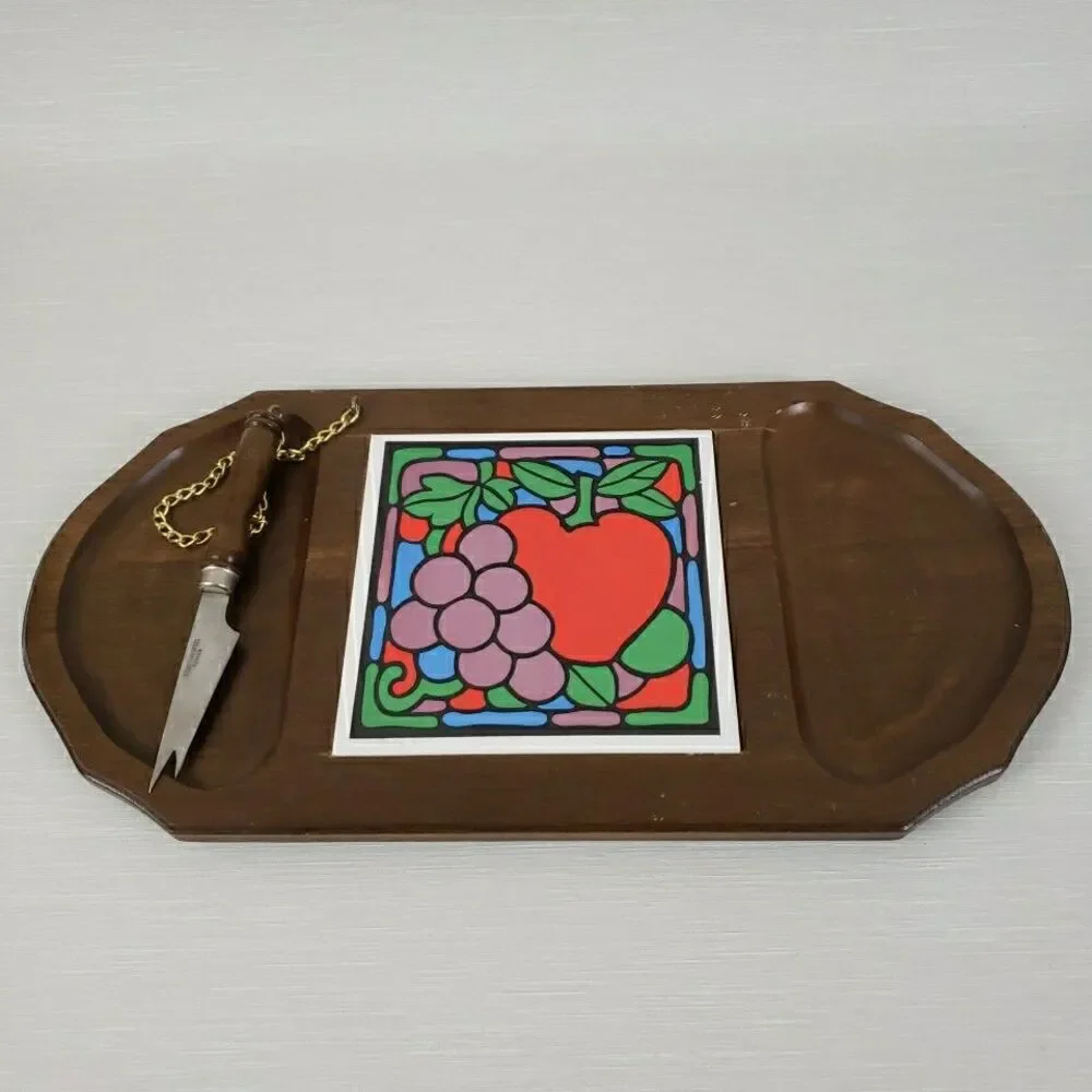 Vintage Charcuterie Board w/ Knife Cheese Platter Oval Wood Tray MCM
